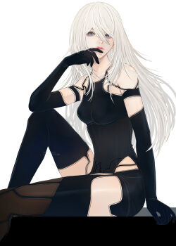 Rule 34 | 1girl, a2 (nier:automata), black boots, black gloves, black shirt, blue eyes, boots, crop top, elbow gloves, gloves, grey hair, hair between eyes, high heel boots, high heels, highres, invisible chair, legs, long hair, looking at viewer, mitsuki nite, mole, mole under mouth, nier:automata, nier (series), parted lips, shirt, simple background, sitting, solo, thighs, twitter username, very long hair, white background