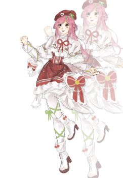 1girl bag bag_bow beret boots bow bow_legwear brown_eyes capelet center_frills chinese_commentary closed_mouth commentary_request dress dress_bow frilled_dress frills full_body fur-trimmed_capelet fur-trimmed_dress fur_anklet fur_trim gold_buttons green_ribbon hair_rings handbag happy hat hat_ornament hat_ribbon heart heart-shaped_bag heart_hat_ornament high_heel_boots high_heels highres infinity_nikki lace lace-trimmed_dress lace_trim leg_ribbon leg_up light_blush lipstick long_hair long_sidelocks long_sleeves looking_ahead makeup medium_dress nikki_(nikki) nikki_(series) pantyhose pink_hair pink_lips pleated_dress pom_pom_(clothes) print_capelet red_bow red_dress red_hat red_ribbon ribbon ribbon_print scarf shirt shirt_under_dress sidelocks simple_background sleeve_cuffs smile snowy_encounter_(infinity_nikki) solo standing striped_clothes striped_dress vertical-striped_clothes vertical-striped_dress white_background white_bag white_boots white_capelet white_pantyhose white_scarf white_shirt xiyu5737 zoom_layer