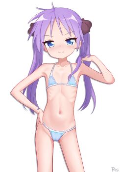 1girl bikini blue_bikini blue_eyes blush cameltoe closed_mouth collarbone cowboy_shot flat_chest gluteal_fold groin hair_ribbon hand_in_own_hair hand_on_own_hip hand_up hiiragi_kagami loli long_hair looking_at_viewer lucky_star micro_bikini navel pepzi purple_hair ribbon ribs simple_background skinny smile solo standing swimsuit tsurime twintails white_background