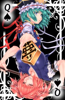 2girls arm_ribbon black_background blue_eyes breasts card card_(medium) fangs fingernails foreshortening frown green_hair grin hair_bobbles hair_ornament hat highres huge_breasts index_finger_raised long_sleeves looking_to_the_side multiple_girls onozuka_komachi playing_card playing_card_(medium) queen_(playing_card) queen_of_spades_(playing_card) red_eyes red_hair ribbon rod_of_remorse shiki_eiki short_hair short_sleeves smile spade_(shape) split_screen touhou twintails two_side_up vest yoiti