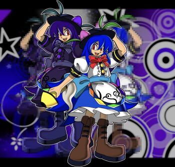 1girl animemaster back_bow black_hat blue_bow blue_hair bow brown_shoes dual_persona food food-themed_hair_ornament frilled_skirt frills fruit fruit_hat_ornament hair_between_eyes hair_ornament hat hat_ornament highres hinanawi_tenshi holding holding_weapon kaname-ishi leaf leaf_hat_ornament looking_at_viewer official_style ofuda ofuda_on_clothes peach peach_hair_ornament peach_hat_ornament puffy_short_sleeves puffy_sleeves purple_bow purple_hair purple_ribbon purple_shirt purple_shoes purple_skirt rainbow_gradient rainbow_order red_bow red_ribbon ribbon shirt shoes short_sleeves skirt smile solo sonic_(series) sonic_adventure_2 sword_of_hisou teeth touhou uekawa_yuji_(style) upper_teeth_only weapon