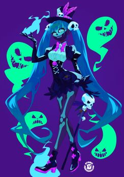 1girl absurdly_long_hair absurdres aqua_eyes atomicmrshmallw black_boots black_dress black_gloves blue_fire blue_hair bodypaint bone boots bow dark-skinned_female dark_skin dress facepaint feathers fire full_body ghost gloves hair_ornament hat hat_ornament hatsune_miku highres juliet_sleeves long_hair long_sleeves new_orleans puffy_sleeves purple_bow purple_feathers skull skull_hair_ornament skull_hat_ornament skull_staff solo standing top_hat twintails united_states very_long_hair vocaloid worldwide_miku