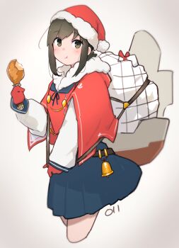 Rule 34 | 1girl, adapted costume, black eyes, black hair, blue neckerchief, blue skirt, capelet, commentary, cropped legs, english commentary, food, fubuki (kancolle), fur-trimmed capelet, fur-trimmed headwear, fur trim, gradient background, hat, highres, kantai collection, low ponytail, ma rukan, neckerchief, pleated skirt, ponytail, red capelet, red hat, santa hat, school uniform, serafuku, short ponytail, sidelocks, skirt, solo, turkey (food), white background