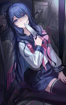Rule 34 | 1girl, absurdres, black shoes, black thighhighs, blood, blood on mirror, blue eyes, blue hair, blue sailor collar, blue skirt, commentary, danganronpa: trigger happy havoc, danganronpa (series), different reflection, hi70, highres, holding, holding knife, knife, long hair, looking at viewer, maizono sayaka, pink blood, reflection, sailor collar, school uniform, serafuku, shoes, sitting, skirt, solo, symbol-only commentary, thighhighs, very long hair, wariza, white serafuku