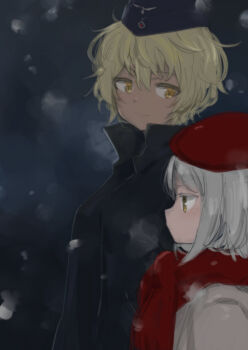 2girls absurdres alternate_costume aohashi_ame black_jacket brave_witches brown_eyes brown_hair dark-skinned_female dark_skin edytha_rossmann hat highres jacket looking_to_the_side military_hat multiple_girls night night_sky outdoors red_scarf scarf short_hair size_difference sky smile snowing waltrud_krupinski white_hair white_jacket world_witches_series