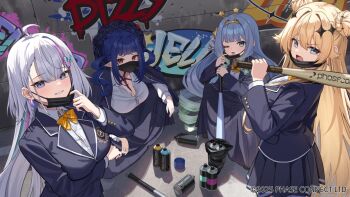 Rule 34 | 4girls, ;p, ahoge, baseball bat, black jacket, black mask, black skirt, blazer, blonde hair, blue hair, bow, bowtie, breasts, collared shirt, copyright notice, delinquent, dizzy dokuro, double bun, drill hair, ember amane, gradient hair, graffiti, green hair, grey hair, hair bun, hair ornament, hairband, holding, holding baseball bat, jacket, jelly hoshiumi, kaneko lumi, large breasts, long hair, mask, mask pull, mouth mask, multicolored hair, multiple girls, official art, one eye closed, over shoulder, phase connect, pink hair, pleated skirt, pointy ears, rahy, school uniform, shibari, shirt, skirt, spray can, star (symbol), tongue, tongue out, virtual youtuber, weapon, weapon over shoulder, white shirt, yellow bow, yellow bowtie, yellow hairband