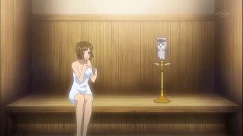 1girl animated animated_gif bird blush bouncing_breasts breasts brown_eyes brown_hair cleavage kuramoto_ayumi large_breasts owl sauna sitting sket_dance towel