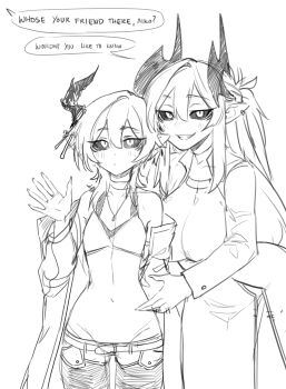 2girls absurdres aiko_(less) black_sclera breasts closed_mouth colored_sclera commentary demon_girl dot_mouth ear_piercing english_commentary english_text flat_chest greyscale grin groin hair_between_eyes highres horns jewelry large_breasts less long_hair long_sleeves looking_at_viewer monochrome multiple_girls navel necklace off_shoulder open_clothes original piercing pointy_ears short_hair simple_background sketch smile speech_bubble stomach