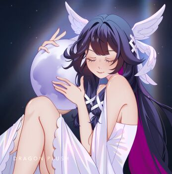 1girl absurdres black_hair breasts closed_eyes closed_mouth colored_inner_hair columbina_(genshin_impact) commentary_request dragon_plush_(139305) dress feathered_wings genshin_impact gradient_hair hair_ribbon head_wings highres long_hair long_sidelocks multicolored_hair multiple_wings pink_hair ribbon sideboob sidelocks smile solo very_long_hair white_dress white_ribbon white_wings wings