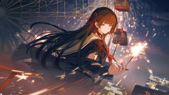 1girl aerial_fireworks arm_cutout black_hair black_jacket black_serafuku black_skirt chinese_commentary chisa_(wuthering_waves) closed_mouth clothing_cutout commentary_request cowboy_shot fireworks from_side hair_ribbon highres holding holding_fireworks jacket kurohush long_hair long_sleeves looking_at_viewer looking_to_the_side night official_art red_ribbon ribbon sailor_collar school_uniform serafuku skirt smile solo sparkler tacet_mark_(wuthering_waves) white_sailor_collar wuthering_waves