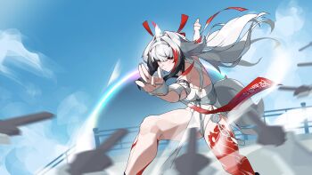 Rule 34 | 1girl, bare shoulders, body markings, closed mouth, commentary, dynamic pose, fingernails, fox tail, hair intakes, highres, hollow (zenless zone zero), honey boba, leotard, long hair, looking ahead, official alternate hair color, outstretched arms, pelvic curtain, red eyes, solo, tail, thighs, toned, toned female, white hair, white leotard, ye shunguang, zenless zone zero