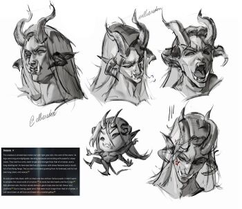 1boy alternate_costume breath chibi chibi_inset demon_boy demon_horns ellieaedon extra_horns fangs furrowed_brow greyscale head_tilt highres horns long_hair looking_at_viewer male_focus monochrome motion_lines multiple_expressions multiple_views pointy_ears portrait reference_inset screaming shadow_slave spoilers sunny_(shadow_slave)