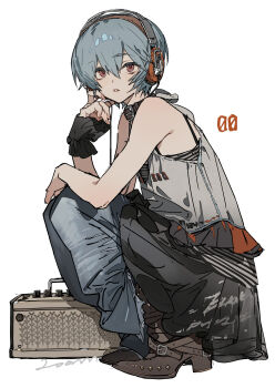 1girl absurdres alternate_costume amplifier ayanami_rei bare_arms bare_shoulders blue_hair blue_pants brown_shoes chinese_commentary commentary_request denim from_side full_body grey_shirt hair_between_eyes headphones headset highres jeans looking_at_viewer medium_hair neon_genesis_evangelion pants parted_lips red_eyes shirt shoes short_hair simple_background sleeveless sleeveless_shirt solo squatting white_background wrist_cuffs zhibuji_loom