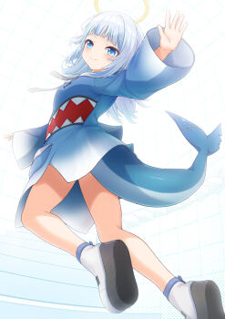 1girl agiri_(agiri_box) animal_costume blue_eyes blue_hoodie blunt_bangs fins fish_tail gawr_gura gawr_gura_(1st_costume) goodbye graduation highres hololive hololive_english hood hoodie long_sleeves looking_at_viewer looking_back multicolored_hair shark_costume shark_girl shark_print shark_tail shoe_soles shoes smile solo stairs streaked_hair tail two_side_up virtual_youtuber waving