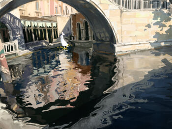 1girl aosi_kiseru arch bridge building canal commentary_request day dress highres original outdoors reflection reflective_liquid scenery shadow solo standing standing_on_liquid urban water white_dress white_hair wide_shot