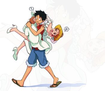 1boy 1girl ? absurdres anger_vein black_hair blue_shorts boned_meat carrying carrying_over_shoulder carrying_person closed_mouth commentary dress eating english_commentary facial_scar food food_on_face frilled_dress frills from_side full_body fur-trimmed_shorts fur_trim hand_on_another's_shoulder hand_on_headwear hat high_heels highres holding holding_food jewelry looking_at_another meat monkey_d._luffy nami_(one_piece) necklace official_alternate_costume one_piece open_mouth orange_hair red_vest sandals scar scar_on_cheek scar_on_face see-through_clothes see-through_sleeves shoes short_hair shorts spoken_anger_vein spoken_question_mark straw_hat vest walking wedding_dress white_dress white_shoes zantinaa