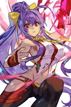 1girl antenna_hair arm_up backless_outfit backless_shirt bare_shoulders black_pants blazblue blazblue:_central_fiction blue_hair bow breasts fingerless_gloves gloves halterneck hungry_clicker large_breasts long_hair looking_at_viewer mai_natsume navel necktie pants polearm red_eyes red_gloves shirt sidelocks solo weapon white_shirt yellow_bow