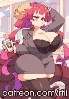 1girl absurdres black_bra black_thighhighs blush bra breasts bursting_breasts cleavage cup eyelashes female_focus highres horn huge_breasts ilulu_(maidragon) kobayashi-san_chi_no_maidragon looking_at_viewer matching_hair/eyes office_lady pointy_ears pout red_eyes red_hair rtil shiny_clothes skindentation solo standing thighhighs underwear zettai_ryouiki
