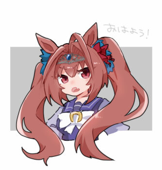 1girl ahoge beer_hsk bow breasts brown_hair cropped_torso daiwa_scarlet_(umamusume) fang grey_background hair_between_eyes hair_bow hair_intakes long_hair long_sleeves looking_at_viewer medium_breasts open_mouth puffy_long_sleeves puffy_sleeves purple_shirt red_bow red_eyes school_uniform shirt solo tiara tracen_school_uniform translation_request twintails two-tone_background umamusume upper_body v-shaped_eyebrows very_long_hair white_background white_bow