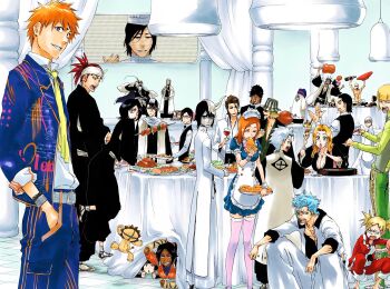 6+boys 6+girls abarai_renji aizen_sousuke alcohol apron aqua_hair ayasegawa_yumichika bald beard belt black_hair bleach blonde_hair blue_hair bottle brown_hair closed_eyes dark_skin eating espada everyone facial_hair fingernails food ginjou_kuugo green_eyes grimmjow_jaegerjaquez haori hirako_shinji hitsugaya_toushirou ice_cream ichimaru_gin inoue_orihime ishida_uryuu japanese_clothes japanese_text jewelry kira_izuru kon_(bleach) kubo_tite kuchiki_byakuya kuchiki_rukia kurosaki_ichigo kurotsuchi_mayuri kusajishi_yachiru kyouraku_shunsui looking_at_viewer madarame_ikkaku maid maid_apron maid_headdress matsumoto_rangiku meat multiple_boys multiple_girls necklace number_tattoo official_art open_mouth orange_hair pants party pie pink_hair purple_hair red_hair sado_yasutora sake sarugaki_hiyori shihakusho shihouin_yoruichi shinigami short_hair spiked_hair squatting strawberry_blonde stuffed_animal stuffed_lion stuffed_toy sui-feng table taichou_haori tattoo topless_female track_suit tsukishima_shuukurou ukitake_juushirou ulquiorra_cifer under_table urahara_kisuke white_hair yamamoto-genryuusai_shigekuni zaraki_kenpachi