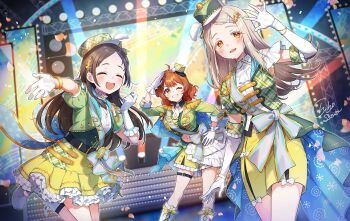 3girls :d ahoge aiguillette ascot belt black_belt blonde_hair blue_cape blurry blurry_background blush boots bow bracelet brown_eyes cape closed_eyes collared_shirt colored_eyelashes commentary_request concert contrapposto cowboy_shot depth_of_field detached_collar elbow_gloves epaulettes falling_petals flipped_hair frilled_gloves frilled_shorts frilled_skirt frills gakuen_idolmaster gloves gradient_hair grey_hair hair_bow hair_bun hair_ornament hairclip hanami_ume hand_on_own_hip hand_up hands_up hat high_collar idol idol_clothes idolmaster indoors jacket jewelry kuramoto_china lace-up_boots laurels leaning_forward long_hair looking_at_viewer medium_hair midriff mini_hat multicolored_hair multiple_girls necktie one_eye_closed open_hand open_mouth orange_eyes parted_bangs petals petticoat plaid_clothes plaid_hat plaid_jacket plaid_skirt pom_pom_(clothes) puffy_short_sleeves puffy_sleeves salute sash screen shako_cap shinishi_chiho shinosawa_hiro shirt short_sleeves shorts signature single_side_bun skirt smile stage stage_lights standing standing_on_one_leg sweat tailcoat thigh_strap white_boots white_bow white_gloves white_necktie white_shirt yellow_shorts yellow_skirt