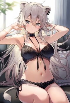 1girl animal_ears aria_(ariacue) armpits arms_up bare_arms bare_shoulders black_bra black_choker black_panties bow bow_bra bra breasts choker cleavage commentary couch cowlick grey_eyes grey_hair highres hololive indoors lace lace-trimmed_bra lace-trimmed_panties lace_trim large_breasts lion_ears lion_girl lion_tail long_hair looking_at_viewer navel on_couch panties parted_lips pillow shishiro_botan side-tie_panties sitting solo stomach string_bra tail underwear underwear_only very_long_hair virtual_youtuber