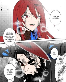 1boy 1girl absurdres beard black_hair black_sclera blood blood_on_clothes blood_on_face blue_hair colored_inner_hair colored_sclera commentary demon_horns elizabeth_rose_bloodflame english_commentary english_text facial_hair heavy_breathing highres hololive hololive_english horns long_hair multicolored_hair paparissa pawz212 red_eyes scar scar_on_face smile sword two-tone_hair virtual_youtuber weapon