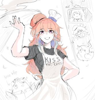 1girl apron artist_self-insert beret black_skirt chef_hat earrings english_text feather_earrings feathers food hat highres holding holding_food holding_pizza holding_plate hololive hololive_english jewelry kfp kfp_employee_(takanashi_kiara) long_hair looking_at_viewer lucesamaaa multiple_hats nerissa_ravencroft orange_hair partially_colored pizza pizza_tower plate purple_eyes rabbit_ears_antenna skirt smol_kiara sparkle takanashi_kiara television virtual_youtuber white_apron