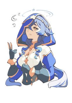 1girl adapted_costume black_gloves blue_hair crescent dress drill_hair drill_sidelocks genshin_impact gloves halter_dress halterneck highres hood jewelry juliet_sleeves layla_(genshin_impact) long_hair long_sleeves neck_ring parted_lips pointy_ears puffy_sleeves sidelocks solo upper_body v velkia very_long_hair yellow_eyes