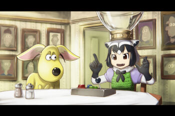 10s 1girl animal_ears black_hair brown_hair chromatic_aberration commentary_request common_raccoon_(kemono_friends) controller fang fennec_(kemono_friends) fox_ears framed fusion grey_hair gromit kemono_friends letterboxed multicolored_hair open_mouth parody pepper_shaker picture_frame raccoon_ears salt_shaker smile table ueyama_michirou wallace_&amp;_gromit:_the_curse_of_the_were-rabbit wallace_&amp;_gromit