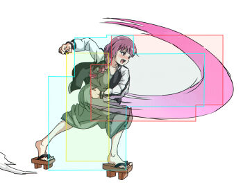 1girl black_jacket bocchi_the_rock! braid clenched_hand dnf_duel dress dungeon_and_fighter fighting_game full_body geta green_dress hiroi_kikuri hitbox jacket punching purple_eyes purple_hair side_braid simple_background solo torako_(toramaru) white_background white_jacket