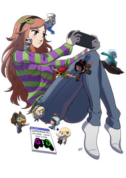 Rule 34 | 4chan, 8chan, black headband, brown hair, denim, from side, gamergate, handheld game console, headband, highres, jeans, knees up, kukuruyo, long hair, looking at object, pants, playstation vita, sitting, socks, striped clothes, vivian james, white background, white socks