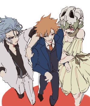 1girl 2boys bare_shoulders black_pants black_shirt black_shoes black_vest bleach blue_eyes blue_hair blue_jacket breasts brown_eyes cleavage collared_shirt detached_sleeves dress facial_mark formal_clothes from_above furrowed_brow green_hair grey_jacket grey_pants grey_suit grimmjow_jaegerjaquez hair_between_eyes hair_over_shoulder half_mask highres holding_another's_arm jacket kurosaki_ichigo leaning_on_person male_focus mask medium_breasts multiple_boys n_ep_tune2 necktie nelliel_tu_odelschwanck off-shoulder_dress off_shoulder open_mouth orange_hair pants parted_lips red_necktie shirt shoes short_hair sketch skull_on_head smile suit sweatdrop updo vest waistcoat walking white_background white_shirt yellow_dress