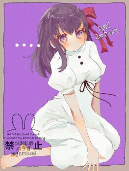 ... 1girl barefoot black_ribbon border breasts buttons character_request check_character commentary_request dated dress fate/stay_night fate_(series) grey_border hair_ribbon han_(hn-khk) highres long_hair looking_at_viewer matou_sakura medium_breasts outside_border purple_background purple_eyes purple_hair ribbon simple_background solo watermark white_dress