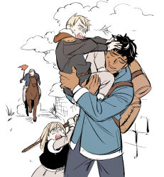 Rule 34 | 1girl, 3boys, aged down, animal, arms up, backpack, bag, black hair, blonde hair, blue coat, brick wall, brother and sister, brown bag, brown dress, carrying, carrying person, character request, child, child carry, closed eyes, coat, commentary request, daki info, dark-skinned male, dark skin, dress, dungeon meshi, facing viewer, falin touden, falin touden (tallman), hands up, highres, holding, holding stick, horse, horseback riding, kabru, korean commentary, laios touden, long hair, long sleeves, looking at another, multiple boys, open mouth, outdoors, pants, partially colored, puffy long sleeves, puffy sleeves, pushing away, riding, short hair, siblings, stick, teardrop, time paradox, tree, very short hair