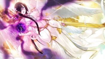Rule 34 | 1girl, angel, angel wings, azuel (choukou), black hair, blue eyes, breasts, choukou (alicesoft), choukou shinki ixseal, dress, dutch angle, feathered wings, feathers, game cg, glasses, hair ornament, hair over one eye, holding, holding staff, holding sword, holding weapon, large breasts, large variant set, long hair, looking at viewer, magic, multiple wings, non-web source, official art, onigirikun, open mouth, solo, staff, sword, variant set, very long hair, weapon, white dress, white wings, wings