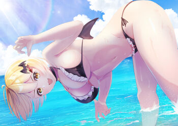 1girl absurdres bat_hair_ornament bikini blonde_hair breasts chestnut_mouth choker claw_pose cleavage commentary_request double-parted_bangs fang frilled_bikini frills groin_tendon hair_ornament hairclip highres hololive large_breasts leaning_forward lens_flare linea_alba looking_at_viewer midriff navel ocean oekaki_zombie outdoors short_hair side-tie_bikini_bottom skin_fang solo string_bikini swimsuit thighs thong_bikini underboob v-shaped_eyebrows virtual_youtuber wading wings yellow_eyes yozora_mel