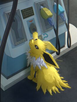 :3 ? animal_ears animal_focus black_eyes closed_mouth commentary_request full_body gas_pump gas_pump_nozzle gas_station gen_1_pokemon highres hisuizoroa25 jolteon looking_at_viewer nintendo no_humans pokemon pokemon_(creature) sitting smile spiked_hair twitter_username yellow_fur
