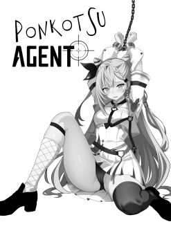 Rule 34 | 1girl, absurdres, arms up, asymmetrical legwear, bdsm, block heels, bondage, bound, bound wrists, braid, breasts, cameltoe, chain, commentary, cone hair bun, cover image, cuffs, double bun, dress, earrings, elbow cutout, english commentary, english text, full body, greyscale, hair bun, hair ribbon, highres, hololive, hololive indonesia, invisible floor, jewelry, knee up, kneehighs, long hair, looking at viewer, medium breasts, mismatched legwear, monochrome, open mouth, panties, raikkonen, restrained, ribbon, shoes, short dress, signature, simple background, single thighhigh, socks, solo, thighhighs, thighs, title, underwear, vestia zeta, vestia zeta (1st costume), virtual youtuber, white background