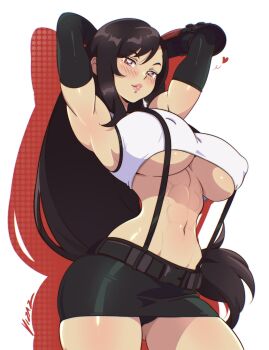 1990s_(style) 1girl 2025 abs armpits arms_behind_head arms_up artist_name belt black_hair black_panties black_skirt blowing_kiss blurry blush breasts cleavage collarbone commentary contrapposto covered_erect_nipples cowboy_shot crop_top curvy english_commentary female_focus final_fantasy final_fantasy_vii final_fantasy_vii_remake gloves groin half-closed_eyes head_tilt heart highres large_breasts light_smile lips long_hair low-tied_long_hair low_ponytail midriff miniskirt muscular muscular_female navel outside_border panties pantyshot parted_lips ponytail red_eyes red_gloves retro_artstyle seductive_gaze seductive_smile shadow shirt shoulder_pads simple_background skirt smile solo sports_bra square_enix stretching suspenders swept_bangs thick_thighs thighs tifa_lockhart toned toned_female tsurime underboob underwear very_long_hair vizaz white_shirt