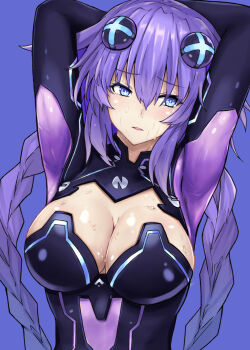 1girl arms_behind_head arms_up bad_tag big_breasts blue_eyes bodysuit braid breasts cleavage curvy female_focus neptune_(neptunia) neptune_(series) nyamota parted_lips purple_hair purple_heart_(neptunia) solo source_request sweat tongue twin_braids
