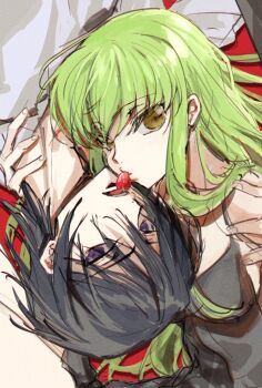 1boy 1girl black_hair c.c. code_geass creayus food fruit green_hair lelouch_vi_britannia long_hair purple_eyes shirt short_hair strawberry upside-down white_shirt yellow_eyes