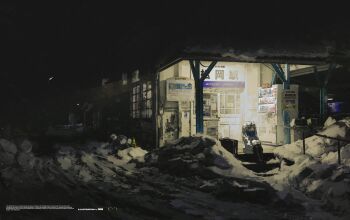 1girl absurdres blue_scarf commentary earrings elf frieren highres hugging_own_legs jewelry long_hair night pointy_ears scarf scenery shiej007 sitting snow snowing solo sousou_no_frieren suitcase train_station trash_can twintails vending_machine white_hair wide_shot