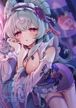 1girl :o bare_shoulders blurry blush breasts choker cleavage commentary_request depth_of_field detached_sleeves dress genshin_impact gomashio_ponz grey_hair hand_up headdress highres japanese_clothes large_breasts long_hair long_sleeves looking_at_viewer lying obi on_side open_mouth pointy_ears purple_choker purple_dress purple_eyes sash short_dress small_sweatdrop solo sweat tail thighs wide_sleeves yumemizuki_mizuki