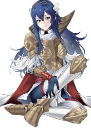 Rule 34 | 1girl, ameno (a meno0), armor, blue eyes, blue gloves, blue hair, breastplate, cape, closed mouth, commentary request, fire emblem, fire emblem awakening, fire emblem heroes, gloves, gold trim, hair between eyes, long hair, long sleeves, looking at viewer, lucina (brave princess) (fire emblem), lucina (brave princess) (resplendent) (fire emblem), lucina (fire emblem), nintendo, official alternate costume, pants, pauldrons, red cape, shoulder armor, simple background, single pauldron, sitting, smile, solo, tiara, two-tone cape, white background, white cape, wing hair ornament