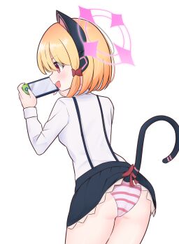 1girl absurdres accidental_exposure animal_ear_headphones animal_ears ass black_skirt black_tail blonde_hair blue_archive blush bow breasts cat_ear_headphones cat_ears cat_tail clothes_lift commentary cowboy_shot eyes_visible_through_hair fake_animal_ears fake_tail frilled_skirt frills from_behind hair_bow halo handheld_game_console headphones highres holding holding_handheld_game_console lifted_by_tail loli long_sleeves low-tied_sidelocks miniskirt momoi_(blue_archive) no_jacket open_mouth orusu panties pink_eyes pink_panties playing_games profile purple_halo red_bow shirt short_hair sidelocks simple_background skirt skirt_lift smile solo striped_clothes striped_panties suspender_skirt suspenders tail tail_bow tail_ornament tail_raised thighs underwear white_background white_shirt