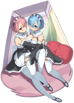 2girls apron bare_shoulders black_dress black_shoes blue_eyes blue_hair blush breasts cleavage_cutout closed_mouth clothing_cutout collarbone commentary_request detached_sleeves dress frilled_apron frilled_sleeves frills full_body hair_ornament hair_over_one_eye highres hug indoors long_sleeves looking_at_viewer maid maid_apron maid_headdress medium_breasts multiple_girls onabe915 pillow pink_eyes pink_hair ram_(re:zero) re:zero_kara_hajimeru_isekai_seikatsu rem_(re:zero) roswaal_mansion_maid_uniform shoes short_hair siblings simple_background sisters sitting sleeveless sleeveless_dress small_breasts smile thighhighs waist_apron white_background white_thighhighs x_hair_ornament