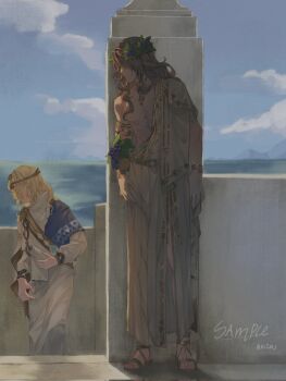 210_(reverse:1999) 2boys 6_(reverse:1999) abs against_pillar ancient_greek_clothes artist_name blonde_hair blue_sky brown_hair brown_sandals circlet cloud cloudy_sky covered_eyes day food-themed_hair_ornament fujji_771 full_body grape_hair_ornament greco-roman_clothes hair_ornament hair_over_eyes highres himation holding holding_scroll looking_at_another looking_to_the_side male_focus medium_hair multiple_boys ocean outdoors pectorals peeking reverse:1999 sample_watermark sandals scroll single_bare_arm single_bare_shoulder sky standing toga toned toned_male walking watermark