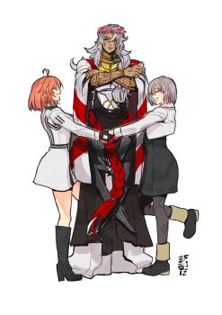 Rule 34 | 1boy, 2girls, absurdres, ahoge, arm tattoo, black boots, black skirt, body markings, boots, closed eyes, clothing cutout, commentary request, cropped jacket, crossed arms, facing another, fate/grand order, fate (series), frown, fujimaru ritsuka (female), fujimaru ritsuka (female) (decisive battle chaldea uniform), full body, glove cutout, grand caster (fate), high heel boots, high heels, highres, holding hands, jewelry, laurel crown, leg up, long sleeves, looking at another, mash kyrielight, multiple girls, neck ring, one eye closed, orange eyes, orange hair, sketch, skirt, smile, solomon (fate), taruhu (ej5 zzom), tattoo, teeth, white hair, yellow eyes