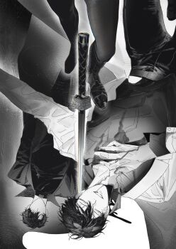 Rule 34 | black coat, black shirt, bleeding, blood, blood from mouth, boots, closed eyes, coat, from above, greyscale, grin, highres, kim dokja, lying, midriff peek, monochrome, omniscient reader's viewpoint, on back, on ground, open clothes, open coat, outstretched arms, owlaoao, planted, planted sword, planted weapon, popped collar, reflection, shirt, smile, stepped on, sword, walking, weapon, white coat, yoo joonghyuk